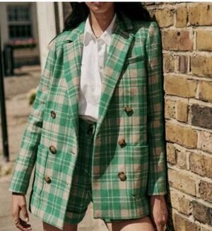 SEZANE Sz 46 14 Green Tan Check Plaid Wool Michele Jacket Blazer